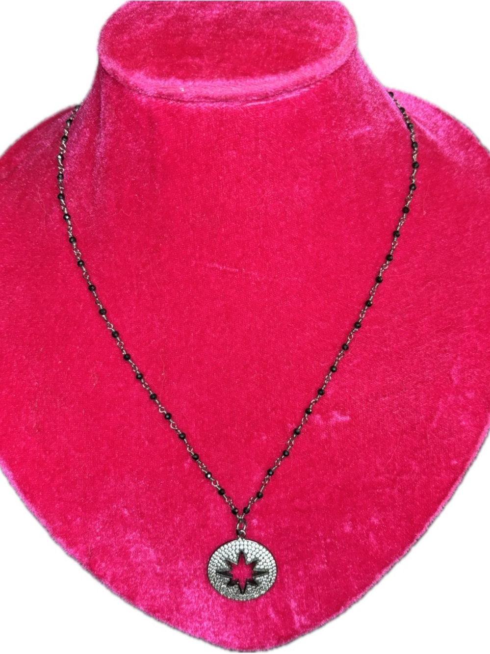 Black Beaded Chain Necklace w Circle Star Pendant
